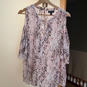 New York & Company Blush Leopard Print Cold Shoulder Blouse